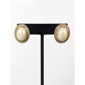 Vintage 1928 Cream Oval Faux Pearl Cabochon Halo Classic Earrings Pierced